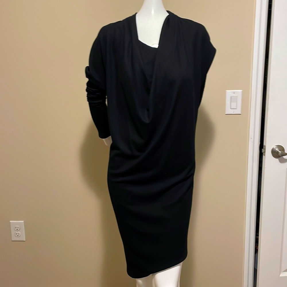 HELMUT LANG Black 100% Wool Draped Cowl Neck Asymmetrical Sheath Dress M NWOT